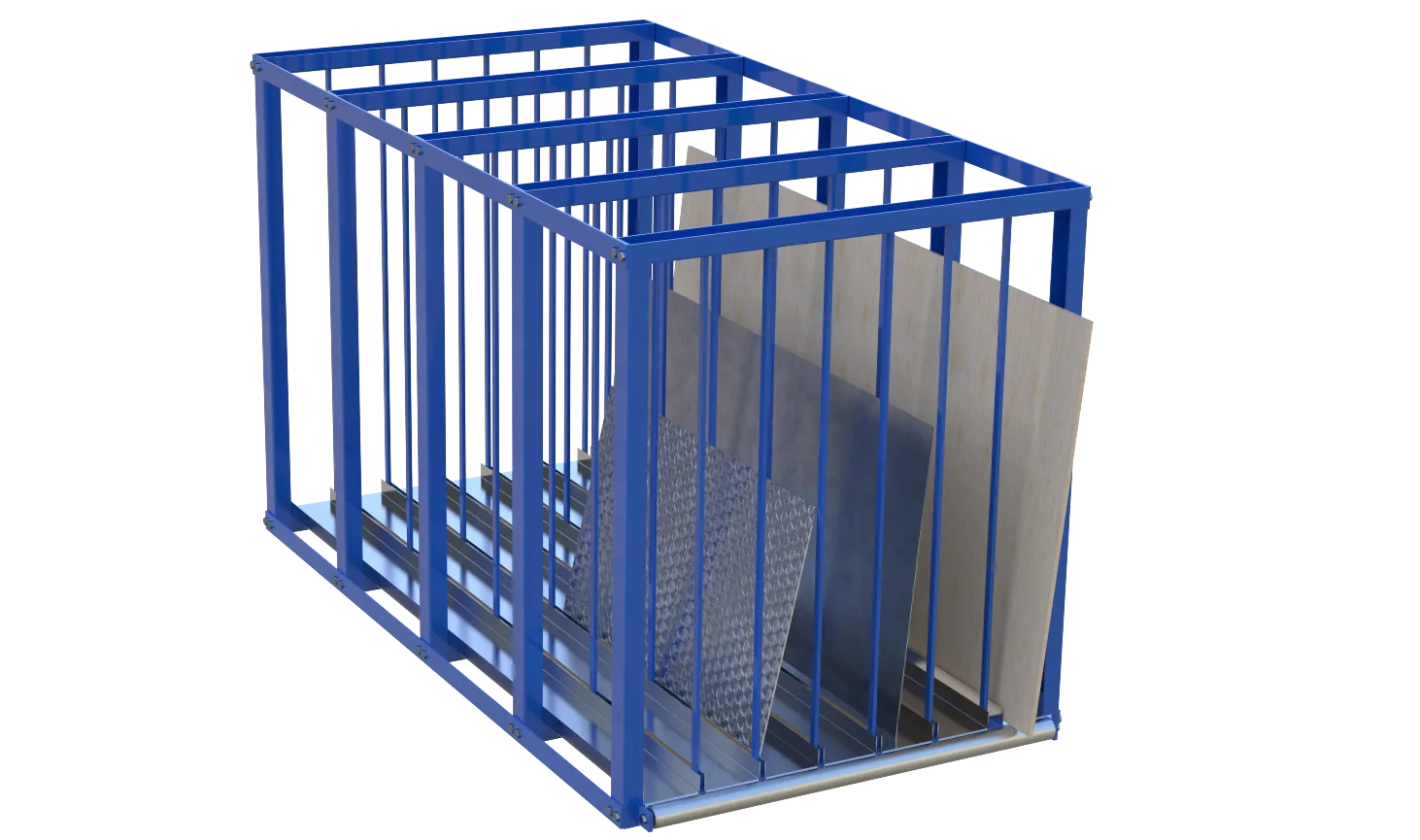 Ein blaues Metallregal mit offener Rahmenkonstruktion, in dem mehrere große, senkrecht gelagerte Plattenmaterialien, darunter Metall- und möglicherweise Holzplatten, untergebracht sind.